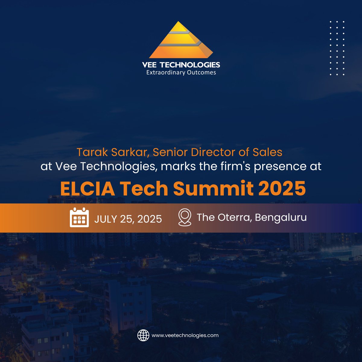 V_technologies's tweet image. We are pleased to announce that Tarak Sarkar, Senior Director of Sales, will represent Vee Technologies at the ELCIA Tech Summit 2025, taking place on July 25 at The Oterra, Bengaluru. 
@ELCIA_IN #ELCIATechSummit2025 #TechInnovation #TechnologySummit #InnovationForum