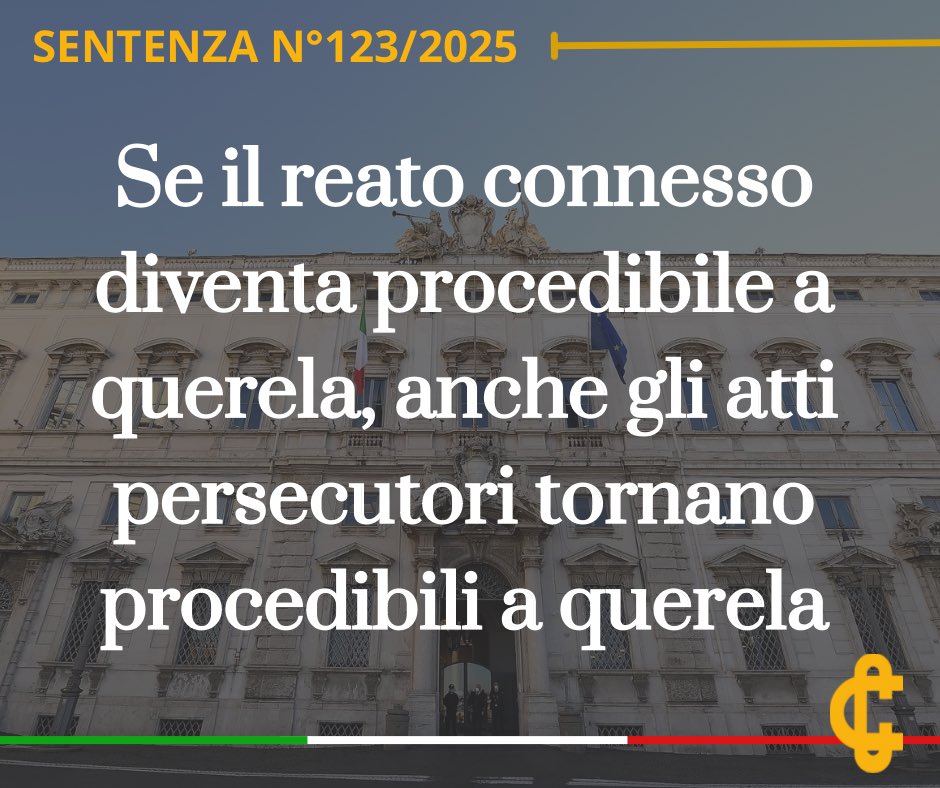 CorteCost's tweet image. Se il reato connesso diventa procedibile a querela, anche gli atti persecutori tornano procedibili a querela.
cortecostituzionale.it/documenti/comu…
#Cortecostituzionale #Comunicato #Sentenza