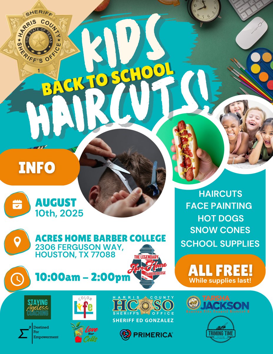 HCSOTexas's tweet image. HCSO Parks Unit Back-to-School Event!
Get your FREE haircut and enjoy face painting, hot dogs, snow cones, and free school supplies!
📅 Sunday, August 10, 2025
🕙 10 A.M. – 2 P.M.
📍 Acres Home Barber College
2306 Ferguson Way, Houston, TX 77088
See you there!