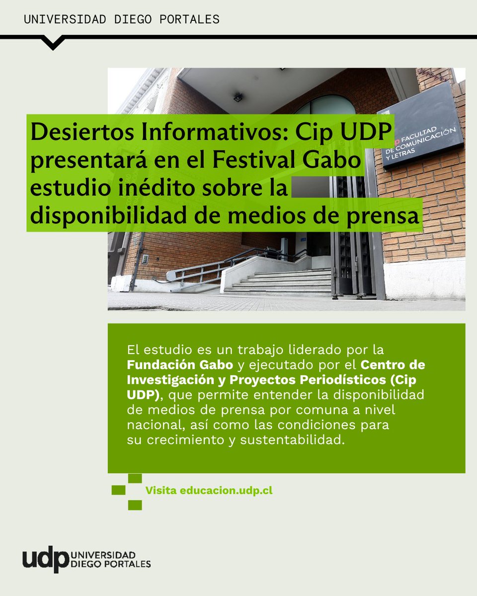 El <a href="/cip_udp/">CIP UDP</a> presentará en el <a href="/FestivalGabo/">Festival Gabo</a> Desiertos Informativos, un estudio inédito sobre la disponibilidad de medios de prensa en nuestro país y Latinoamérica 👏🏼👏🏼👏🏼

Conoce más en el siguiente link: 
qrcd.org/90Pp 📲