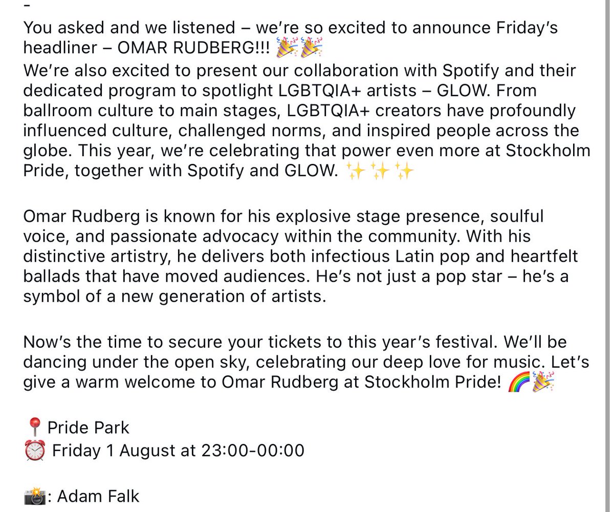 .<a href="/OmarRudberg/">O M A R</a> is headlining at <a href="/stockholmpride/">Stockholm Pride</a> on the 1st of August!!