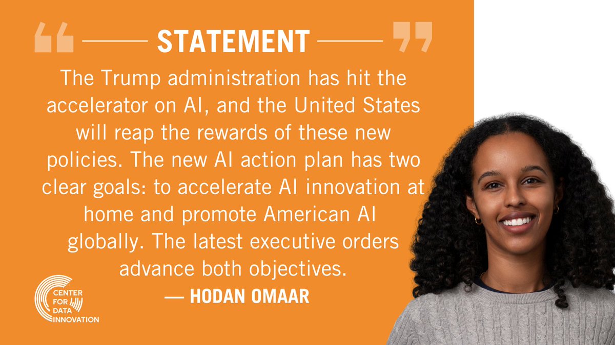 DataInnovation's tweet image. President Trump’s new AI executive orders back up his admin’s push for U.S. AI leadership with concrete action:
▶️Accelerating infrastructure
▶️Promoting trustworthy models
▶️Boosting exports
Read our full statement from @hodanomaar 👇
vist.ly/3z335