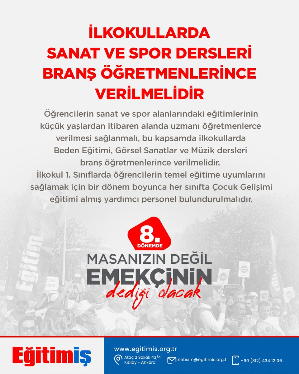 egitimis's tweet photo. İLKOKULLARDA SANAT VE SPOR DERSLERİ BRANŞ ÖĞRETMENLERİNCE VERİLMELİDİR

Öğrencilerin sanat ve spor alanlarındaki eğitimlerinin küçük yaşlardan itibaren alanda
uzmanı öğretmenlerce verilmesi sağlanmalı, bu kapsamda ilkokullarda Beden Eğitimi, Görsel
Sanatlar ve Müzik dersleri branş öğretmenlerince verilmelidir. İlkokul 1. Sınıflarda öğrencilerin
temel eğitime uyumlarını sağlamak için bir dönem boyunca her sınıfta Çocuk Gelişimi eğitimi
almış yardımcı personel bulundurulmalıdır.

#KamuişVar