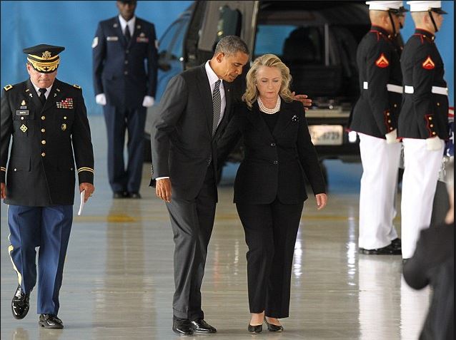 BenghaziNotes's tweet image. On 9/14/12 at an enormous hangar at Andrews AFB in Maryland, the remains of the Americans who perished in #Benghazi arrived. Emerging from a C-17 cargo plane, six Marines each carried the flag-draped caskets of the fallen on top of stands before four waiting hearses, as a color…
