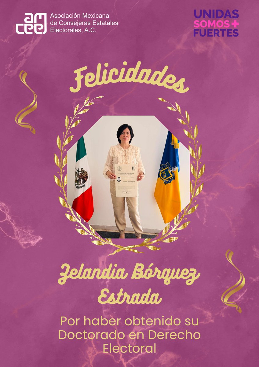 Quienes integramos la #AMCEE felicitamos a nuestra asociada <a href="/ZelandiaBorquez/">Zelandia Borquez</a> por la obtención de su Doctorado en Derecho Electoral.
¡Enhorabuena por este logro! 👏