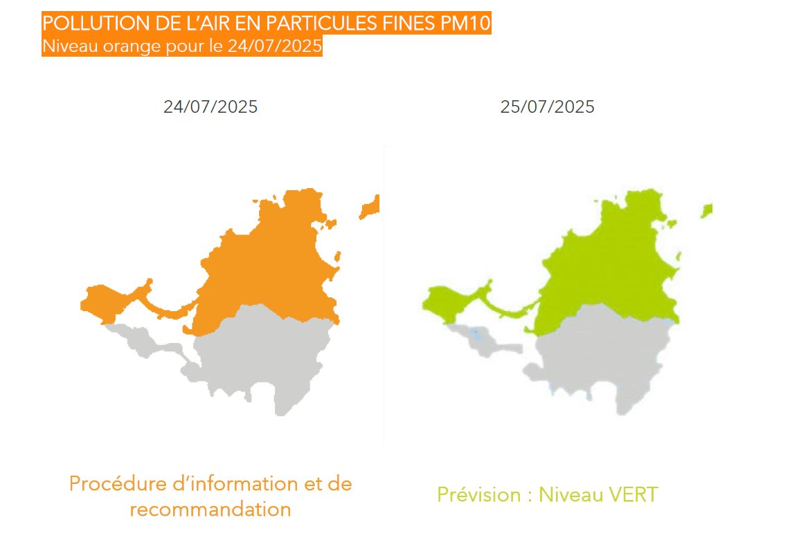 GWADAIR971's tweet image. [#picdepollution lié aux brumes de sable] 
Gwad’Air prévoit pour aujourd’hui le dépassement du seuil sanitaire de 50µg/m3 sur 24h en Guadeloupe &amp;amp; SXM.
🟠 La procédure d’information et recommandation est déclenchée.
🟢 Un retour au vert est prévu demain pour les deux territoires.