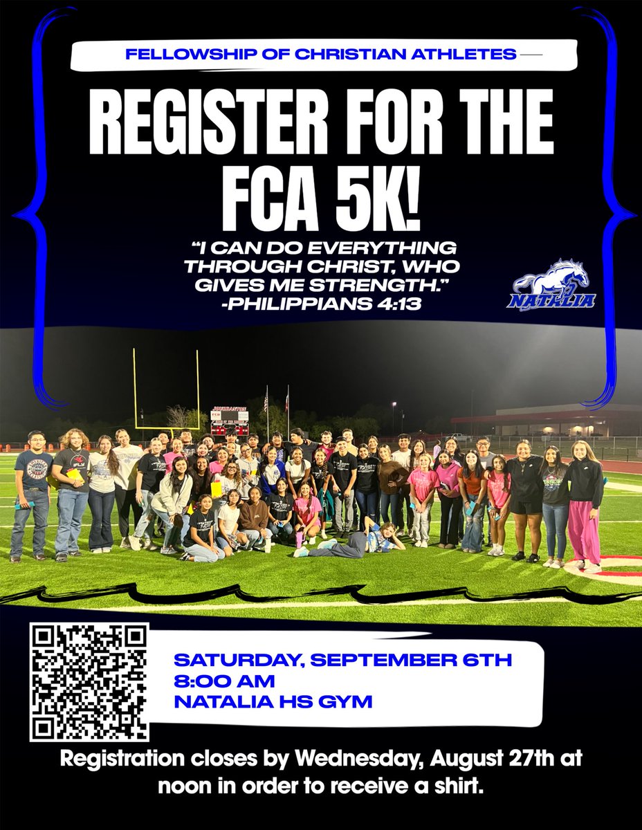 fca_natalia's tweet photo. FCA is hosting a 5K fundraiser September 6th at 8AM! FCA has grown tremendously in Natalia and our students are eager for new opportunities to grow their faith. Can’t wait to see everyone there! https://t.co/R87BNsYCOE