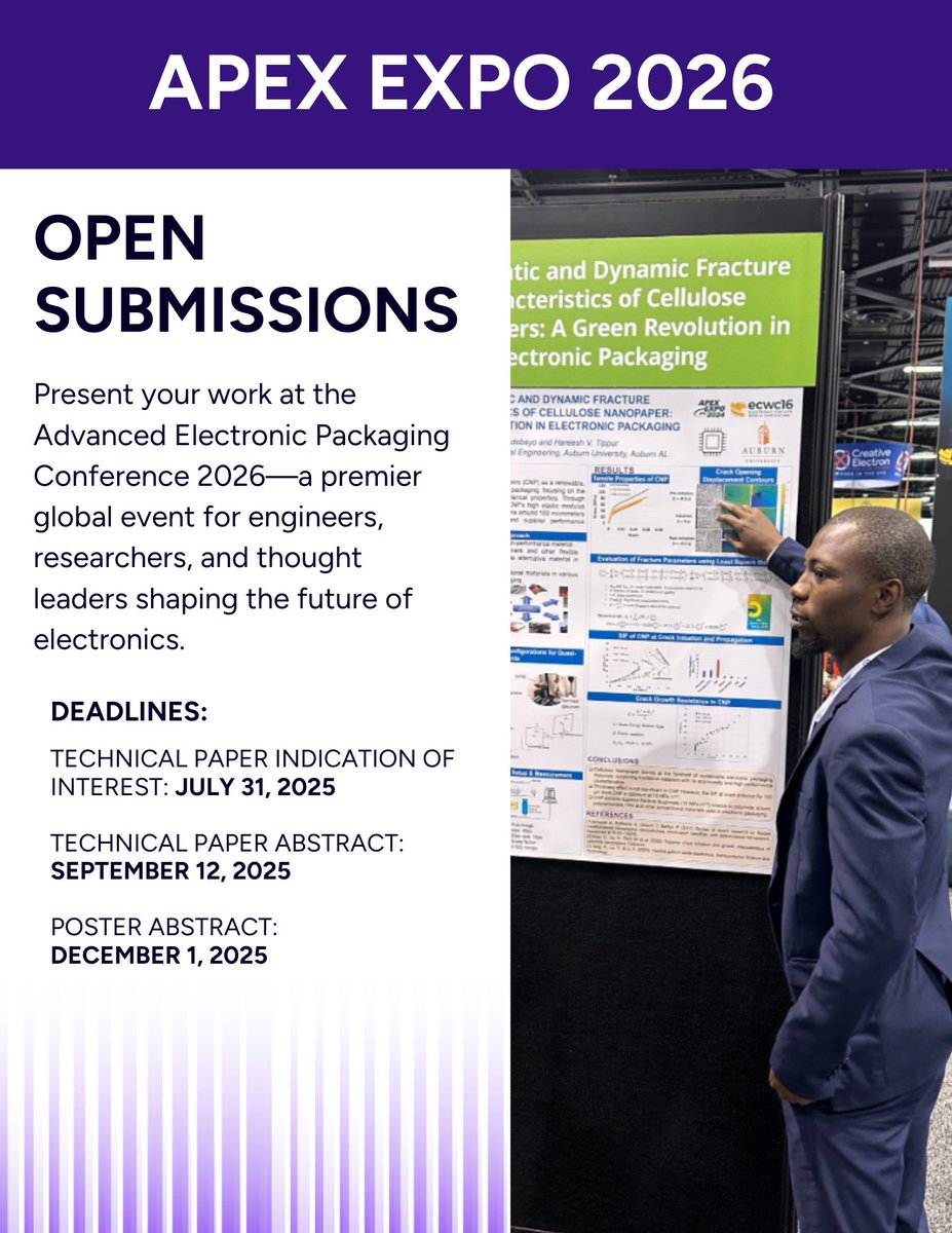 electronicareer's tweet image. 🚨 Call for Student &amp;amp; Recent Grad Presenters! 🚨

Submit your abstract to present at the APEX EXPO 2026! This is your chance to share your work, get published, grow your network, and compete for Best Student Research Paper.

#ElectronicsConference #StudentResearch #CallForPapers