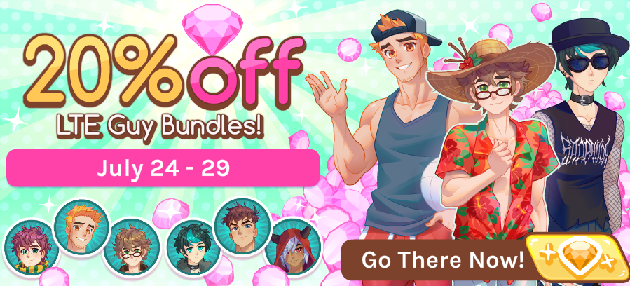 The Blush Blush Summer Sale is here! From today until July 29th, all Limited Time Event guy Bundles are 20% off in the Store! That's Reece, Ace, Logan, Cashew, Seth, and Poe, all waiting to jump into your be- game! We meant game!