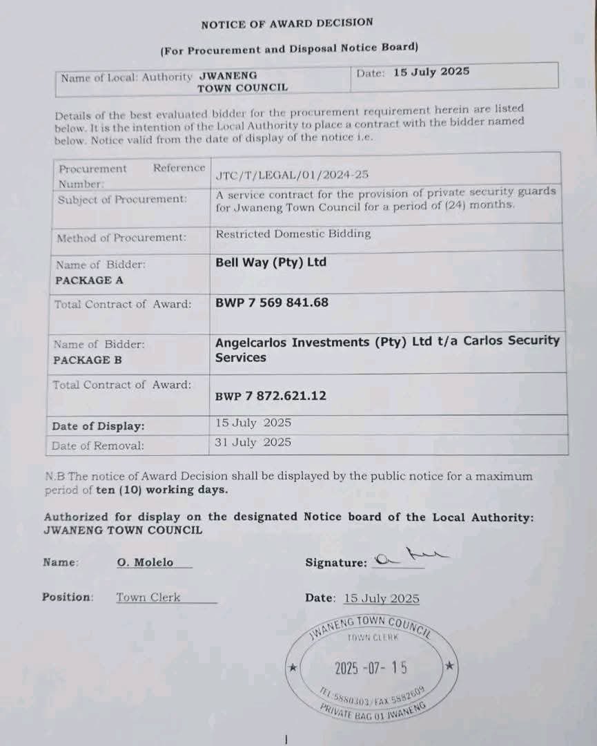 PublicIntrestBW's tweet image. COMPANY LINKED TO JWANENG TOWN COUNCIL DEPUTY MAYOR WINS MULTI MILLION PULA TENDER FROM THE SAME COUNCIL