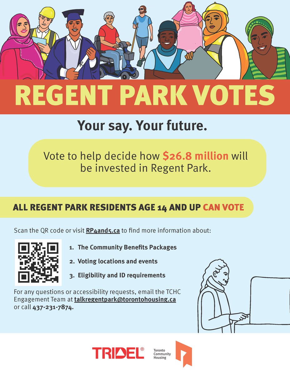 Toronto Community Benefits Network (@tcbn_to) on Twitter photo To help determine how the $26.8 million funds should be used, Regent Park residents can cast their vote to choose the final Community Benefits Package.
Learn more and vote: torontohousing.ca/building-const…
Deadline to vote: Aug 1
Presented by <a href="/tridel/">Tridel Condos</a> and <a href="/TOHousing/">Toronto Community Housing</a>
#communitybenefits To help determine how the $26.8 million funds should be used, Regent Park residents can cast their vote to choose the final Community Benefits Package.
Learn more and vote: torontohousing.ca/building-const…
Deadline to vote: Aug 1
Presented by <a href="/tridel/">Tridel Condos</a> and <a href="/TOHousing/">Toronto Community Housing</a>
#communitybenefits