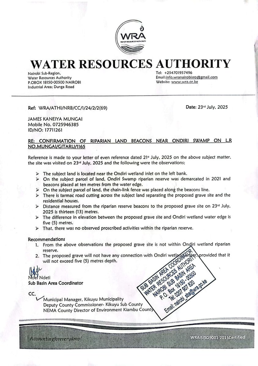 It is very unfortunate that when the President  <a href="/WilliamsRuto/">William Samoei Ruto, PhD</a> and his administration are busy conserving our environment, some officer at <a href="/WRA_KEN/">WaterResourcesAuthorityKenya</a> is busy issuing letters for bodies to be buried within the riparian land. <a href="/Environment_Ke/">Ministry of Environment, Climate Change & Forestry</a> <a href="/mugaa_eric/">Eng. Eric Mugaa</a> <a href="/necc_kenya/">National Environmental Complaints Committee</a> <a href="/EACCKenya/">EACC</a>