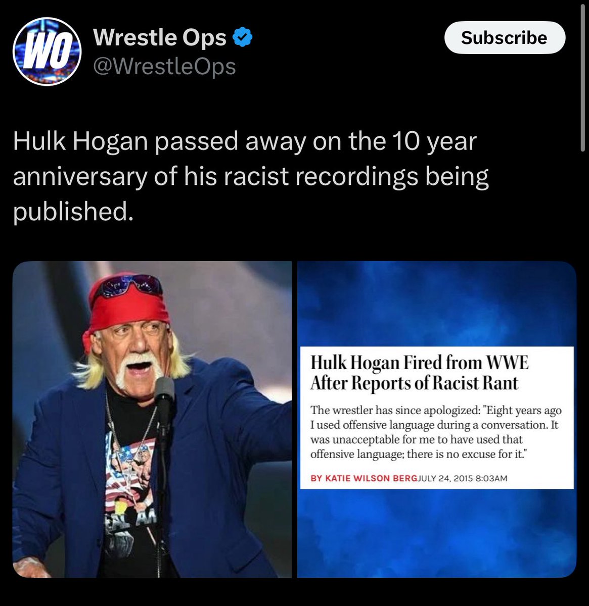 wtf kind of post is this?

Ya’ll IWC incels don’t understand that people CAN change and OFTEN DO change.

You live your pathetic lives confined to a box you created for yourself.

RIP HULKSTER.

All of your haters enjoy wrestling today ONLY because of you and what you did for the