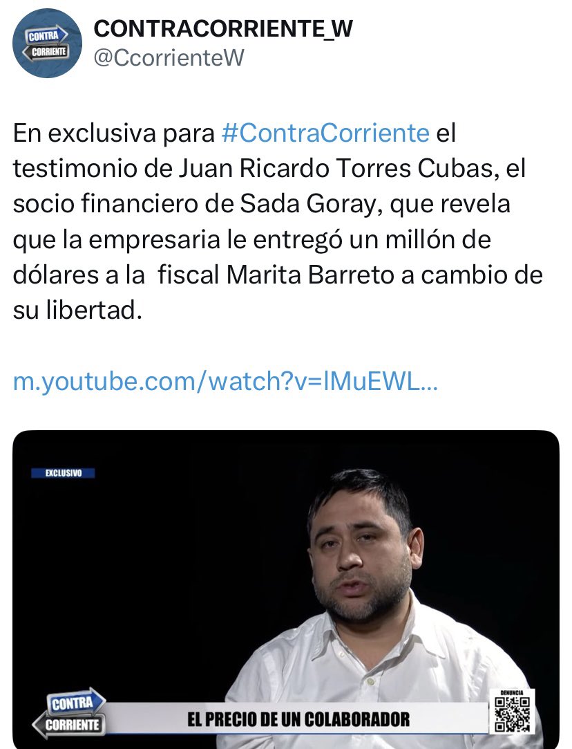 Juan Torres Cubas afirma que Sada Goray le habría pagado parte de US. 1 millón de dólares a la fiscal Marita Barreto a cambio de lograr su libertad y tener impunidad. Hoy Sada Goray está libre y su caso paralizado. Saquen ustedes sus conclusiones, esta es la <a href="/FiscaliaPeru/">Ministerio Público</a> que