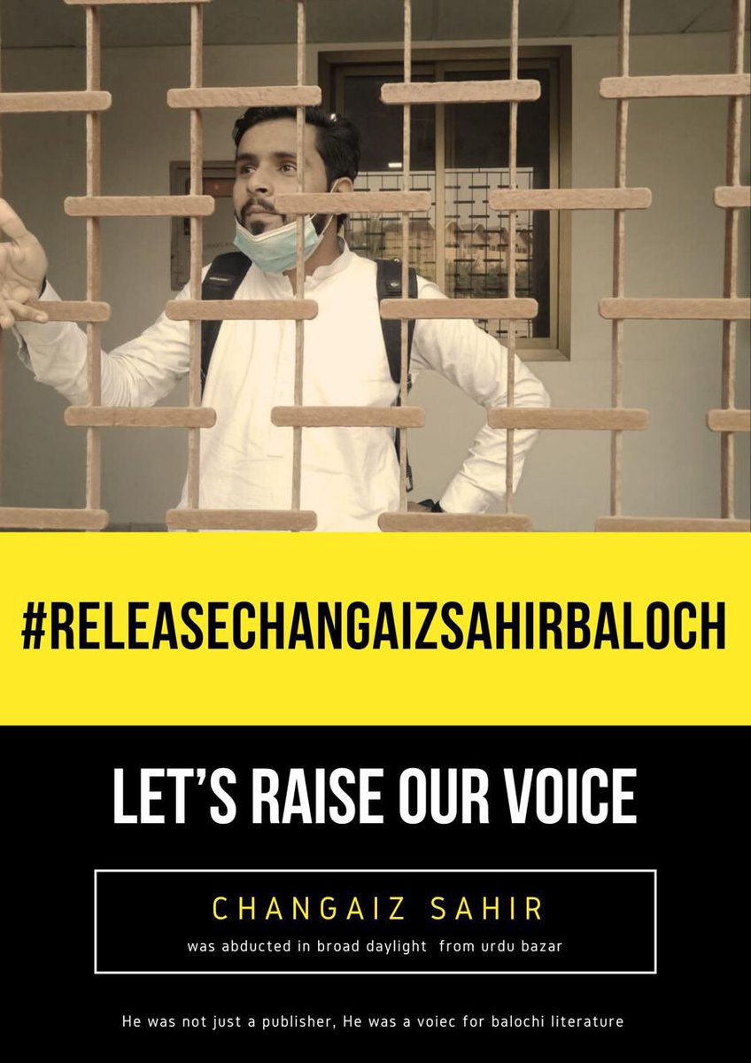 SaveChangaiz's tweet image. Changaiz Sahir Baloch, a poet and publisher dedicated to books, Balochi literature, and humanity, was abducted in broad daylight from Urdu Bazar, Karachi. His voice for literature and compassion must not be silenced. We demand his immediate release. #ReleaseChangaizSahirBaloch