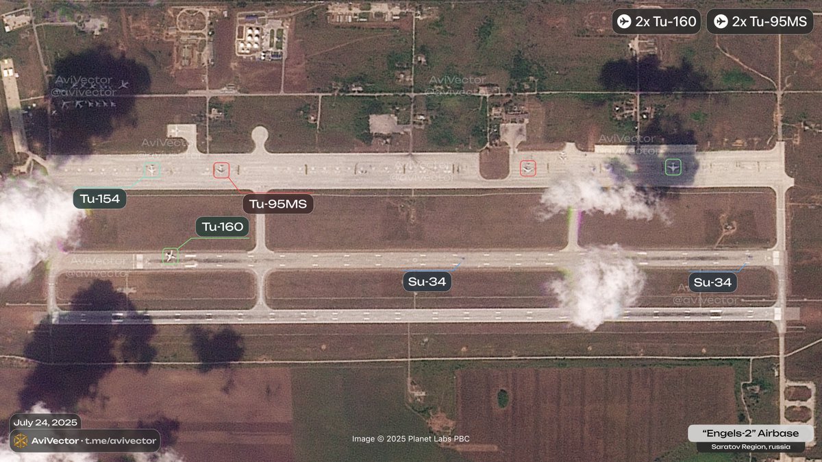 avivector's tweet image. 🔻Satellite images of 🇷🇺 Engels-2 Airbase as of July 24, 08:24 UTC
The airbase housed 2 Tu-95MS (Bear-H), 2 Tu-160 (Blackjack), 1 Tu-154B-2 (Careless) and 2 Su-34 (Fullback).
At ~08:30 UTC, a Tu-154B-2 (RA-85605) belonging to the 223rd Flight Unit arrived at Engels-2 airbase…