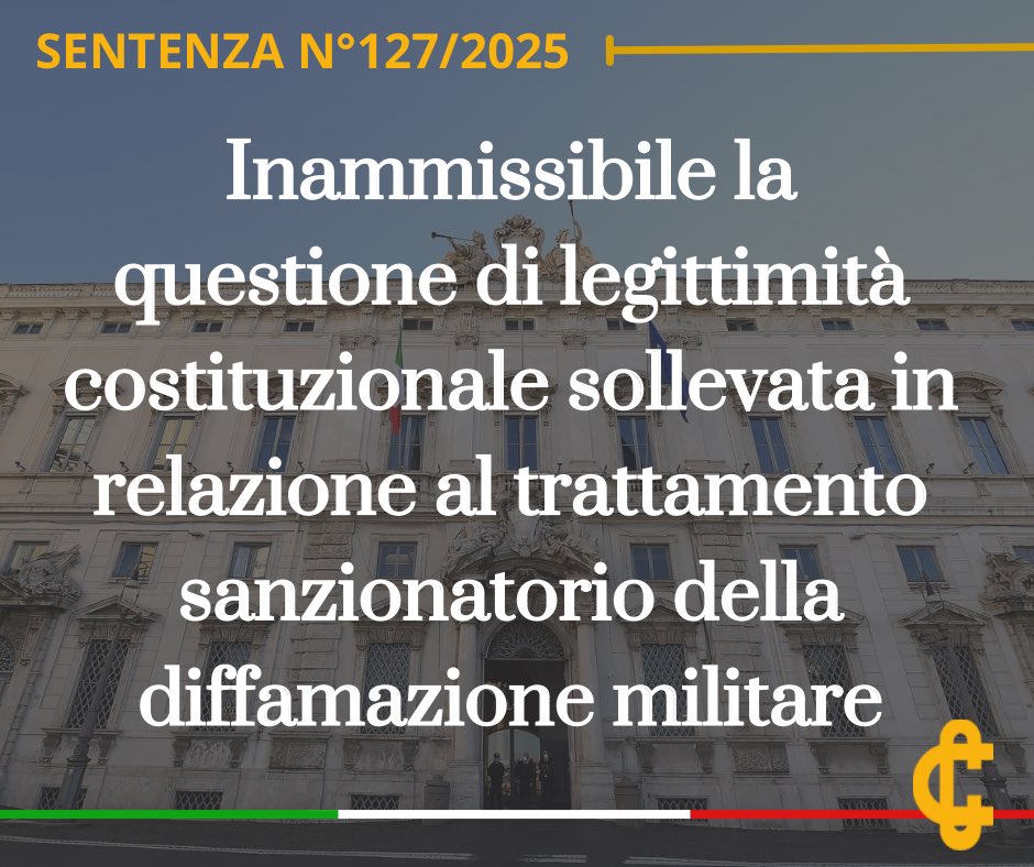 CorteCost's tweet image. Inammissibile la questione di legittimità costituzionale sollevata in relazione al trattamento sanzionatorio della diffamazione militare.
cortecostituzionale.it/documenti/comu…
#Cortecostituzionale #Comunicato #Sentenza