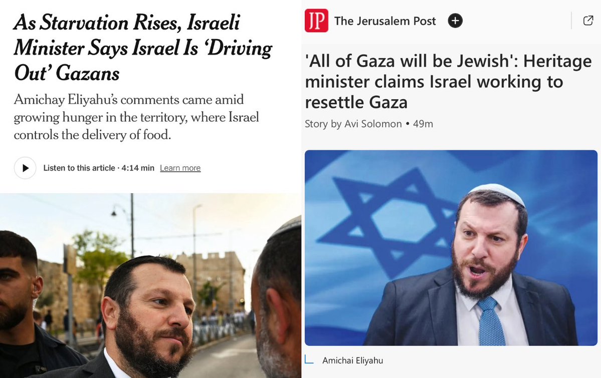 NYT: “Amid rising starvation in the Gaza Strip, an Israeli government minister said on Thursday that Israel had no duty to alleviate hunger in the territory and was seeking to expel its population.”

nytimes.com/2025/07/24/wor…