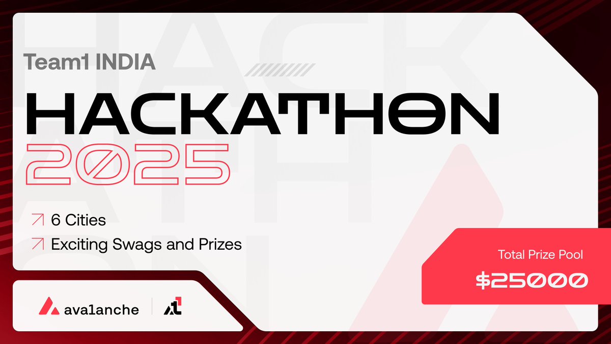 🔺Team1 India Hackathon Tour 2025 🇮🇳

- 6 cities across India
- $25K+ in prizes
- Avalanche merch 
- Grants &amp; more

Whether you’re a developer, designer, or curious builder this is for you

Build what matters. Meet the local community. Earn rewards &amp; grants

Full details below👇
