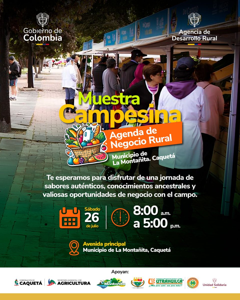 ADR_Colombia's tweet image. 👩🏻🌾 ¡La Muestra Campesina y Agenda de Negocio Rural llega a La Montañita, Caquetá! 🌿
Te invitamos a disfrutar de una jornada llena de sabores auténticos, sabiduría ancestral y grandes oportunidades de negocio rural. 🌽🥬🐓
📅 Fecha: Sábado 26 de julio
🕗 Hora: 8:00 a.m. – 5:00…