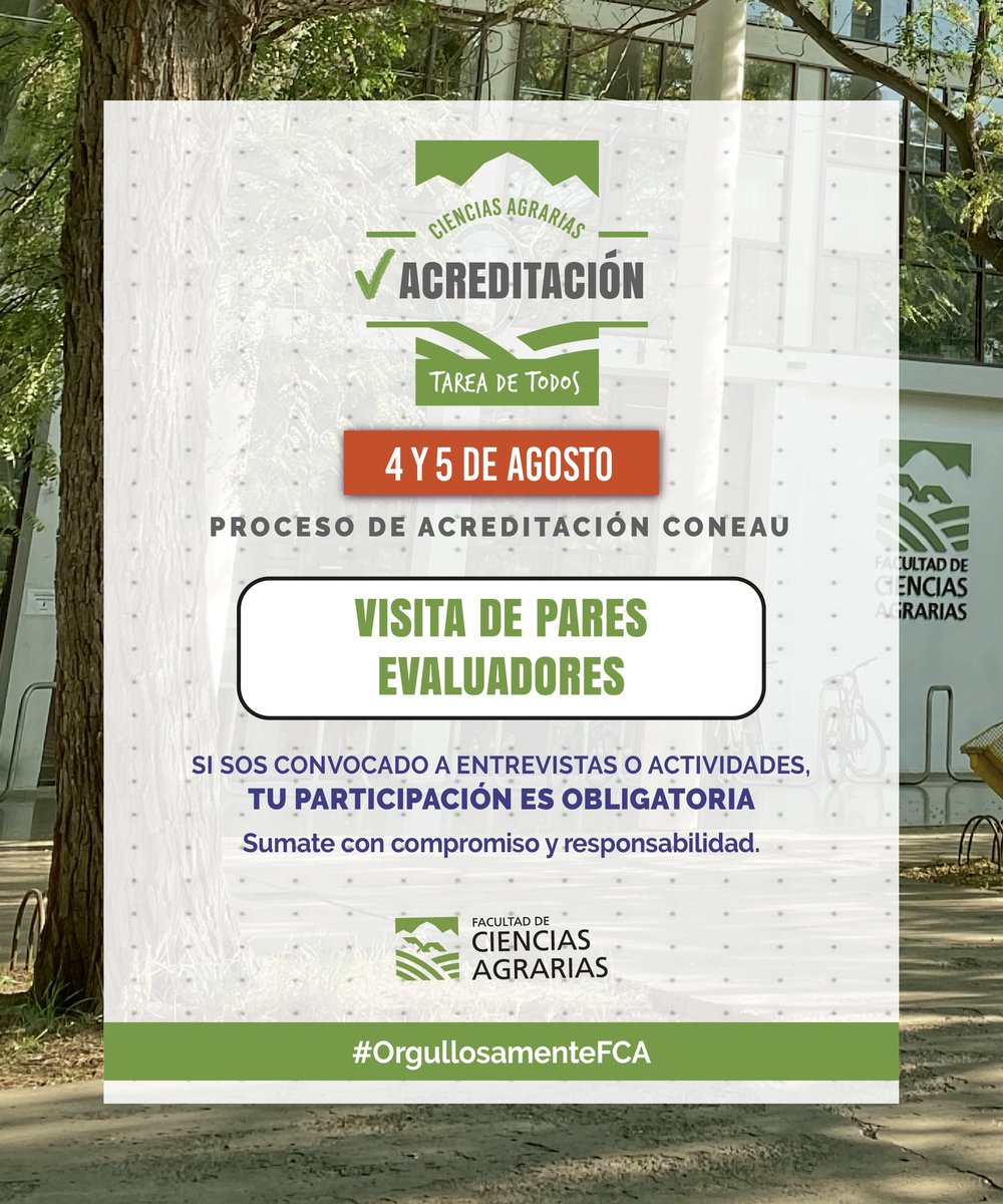 FCAUNCuyo's tweet photo. ✅ 4 y 5 de agosto: la FCA recibe a los Pares Evaluadores de CONEAU

🔍 Esta instancia es fundamental para mostrar la calidad de nuestras carreras y el compromiso de toda la comunidad.

(+) https://t.co/ybH36k8X9S