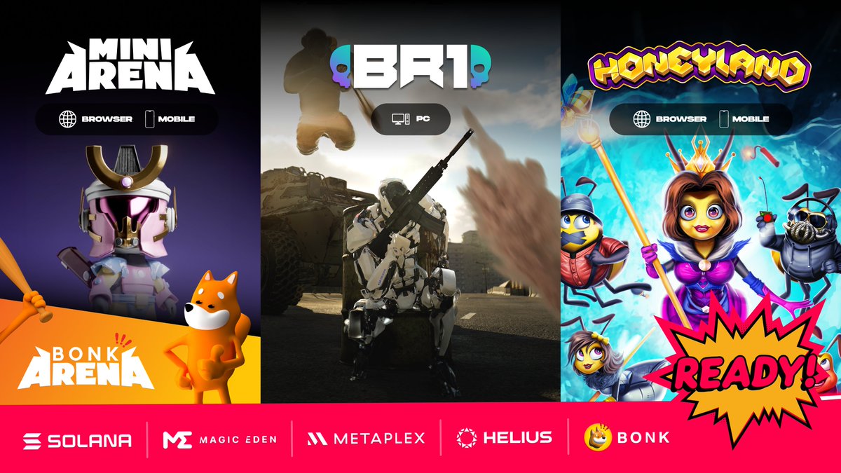BRAVOREADYGAMES's tweet image. THREE GAMES. ONE CHAIN.
@PlayHoneyland
@BR1INFINITE
@BONKArenaGame
Mobile. PC. Browser.
Only on @solana ✨
READY UP!
