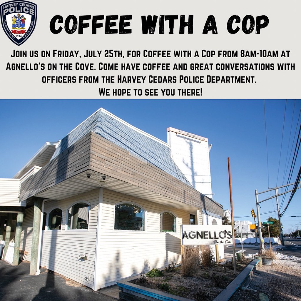We love our #coffeewithacop 😎.  Join us tomorrow at @agnellosonthecove for complementary ☕️ and great conversations! 8am-10am. See you there!