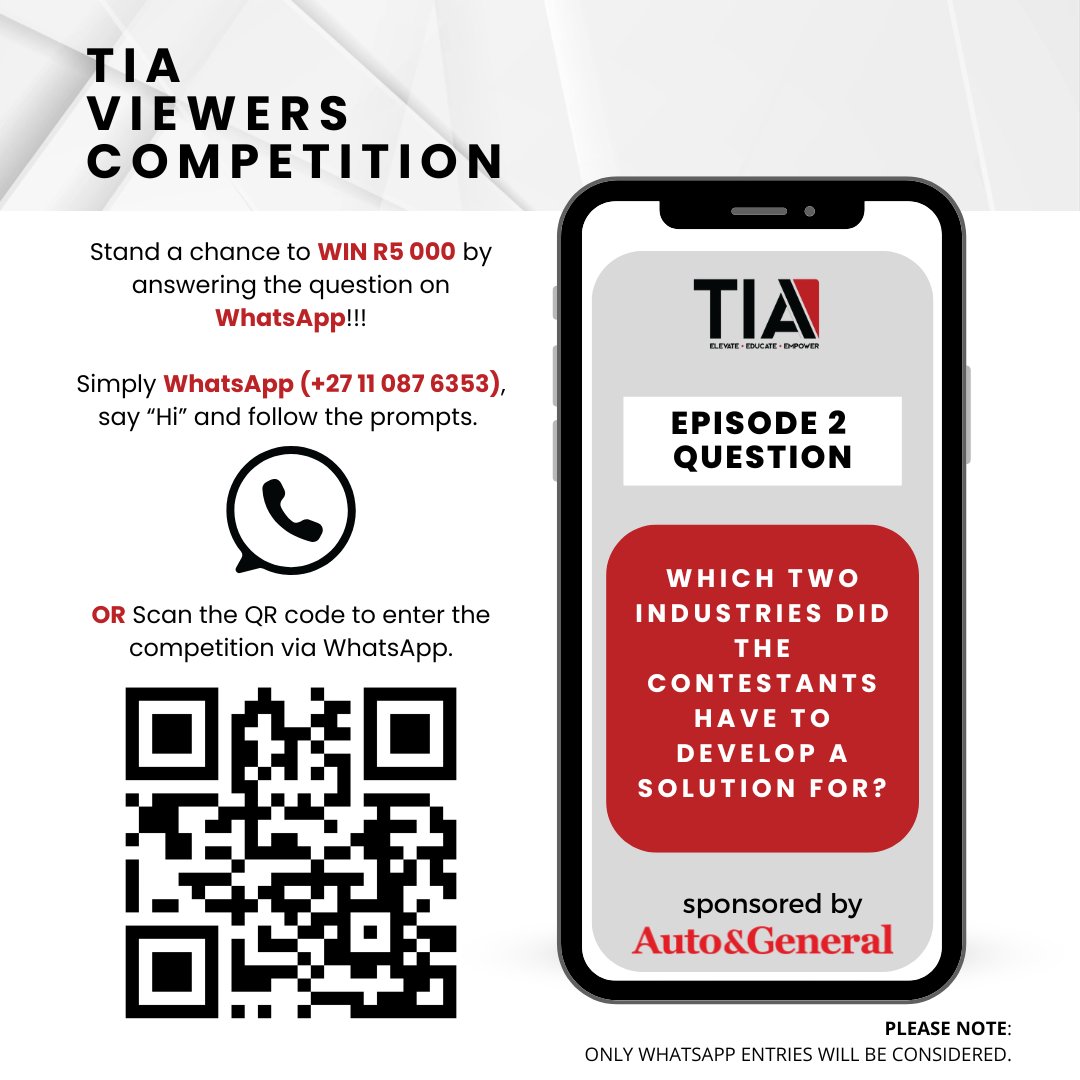 💥 Win R5 000 with Auto &amp; General! 💸

This week’s question: Which two industries did the contestants have to develop a solution for?

To enter, message us on WhatsApp and follow the prompts: +27 11 087 6353
Only WhatsApp entries count!

#TIA2025 #AGBrokerSupport