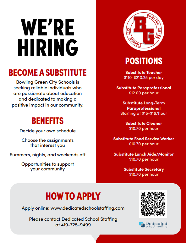 BG Schools (@bgschools) on Twitter photo WE’RE HIRING! SUBSTITUTE POSITIONS WITH BGCS:
Decide your own schedule
Choose the assignments that interest you
Summers, nights, and weekends off
Opportunities to support your community
Apply online: dedicatedschoolstaffing.com
<a href="/dedicated_ss/">Dedicated School Staffing</a> WE’RE HIRING! SUBSTITUTE POSITIONS WITH BGCS:
Decide your own schedule
Choose the assignments that interest you
Summers, nights, and weekends off
Opportunities to support your community
Apply online: dedicatedschoolstaffing.com
<a href="/dedicated_ss/">Dedicated School Staffing</a>