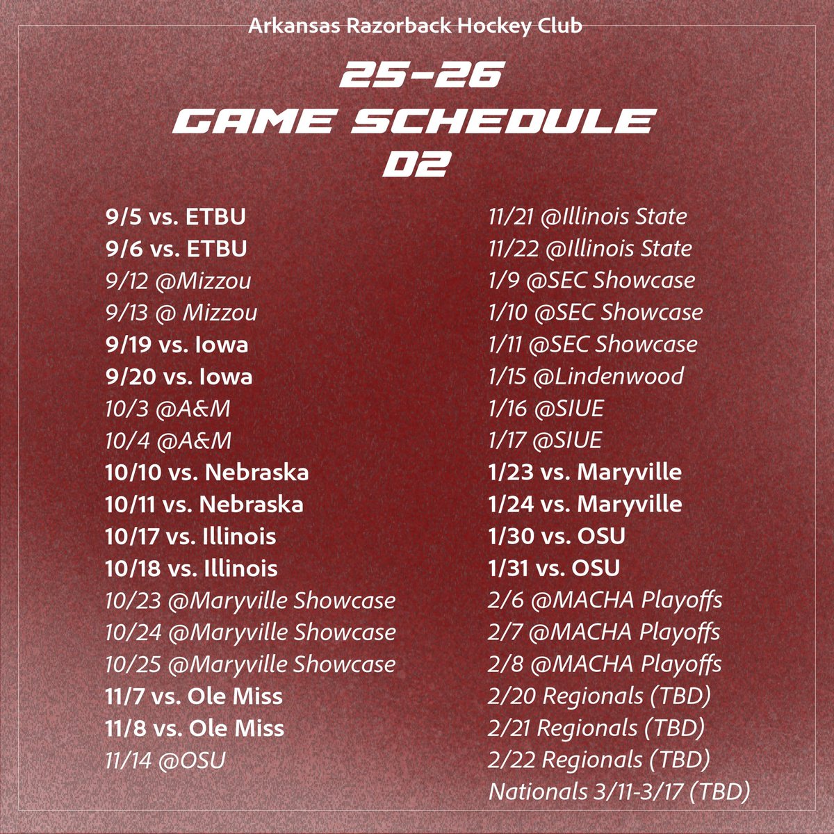 RazorbackMHClub's tweet image. START THE COUNTDOWN ⏳

50 DAYS ‘TIL PUCK DROP!

Your D2 Ice Hogs schedule for the 2025-2026 season is OUT

#razorbackhockey #uark #razorbacks #achahockey #woopig #macha #wps