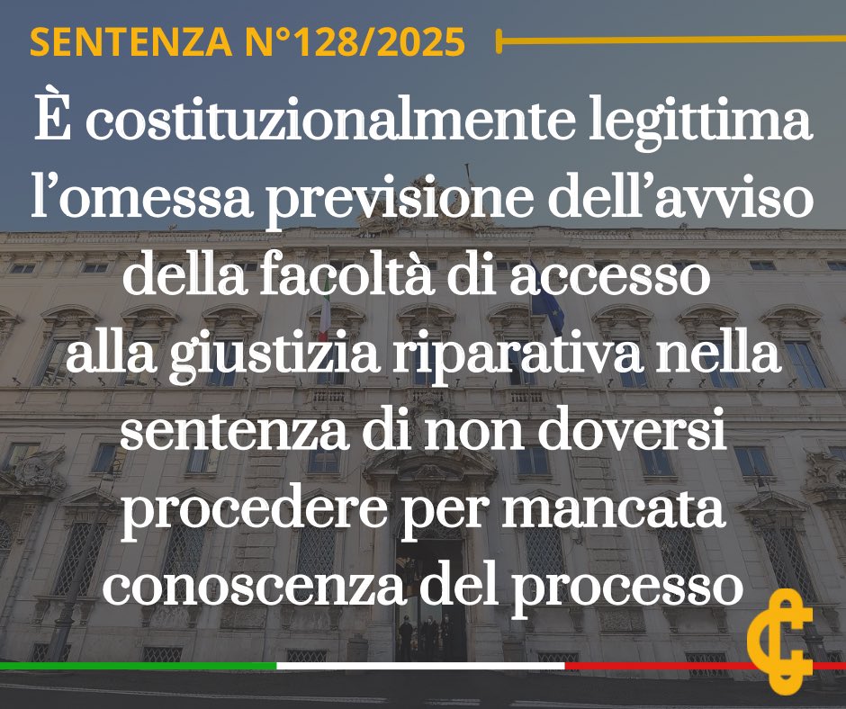 CorteCost's tweet image. È costituzionalmente legittima l’omessa previsione dell’avviso della facoltà di accesso alla giustizia riparativa nella sentenza di non doversi procedere per mancata conoscenza del processo.
cortecostituzionale.it/documenti/comu…
#Cortecostituzionale #Comunicato #Sentenza