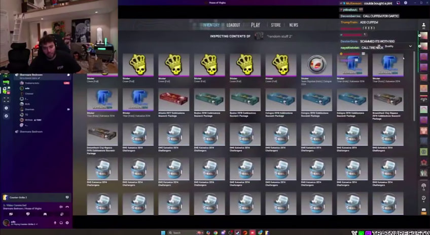 SkinPlaceOff's tweet image. Trainwreck revealed his $5,000,000 CS2 inventory live on Adin Ross’s stream — packed with Katowice 2014 gems and insane unboxes.
Almost everything pulled by himself.
Is this the most expensive case-pulled inventory ever❓