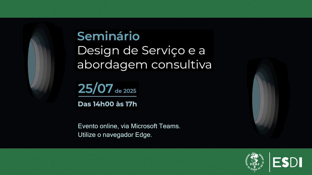 O Programa de Pós-graduação em Design da Escola Superior de Desenho Industrial (PPDESDI) realiza o seminário "Design de Serviço e a abordagem consultiva" em 25/7, das 14h às 17h, via Teams. Link da transmissão: l1nk.dev/cY9es. Use o navegador Edge. Participe!
