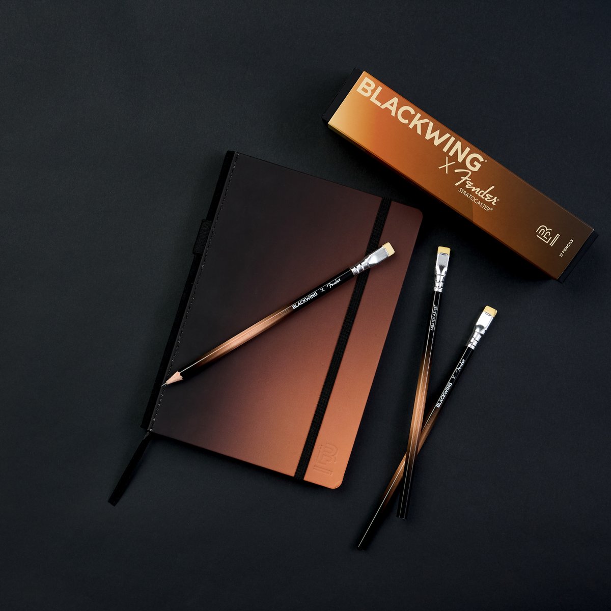We're excited to introduce the Blackwing x <a href="/Fender/">Fender</a>  Collection featuring a special-edition Notebook and Pencil set inspired by the iconic sunburst gradient of the Fender Stratocaster. Shop now: blackwing602.com/collections/bl…