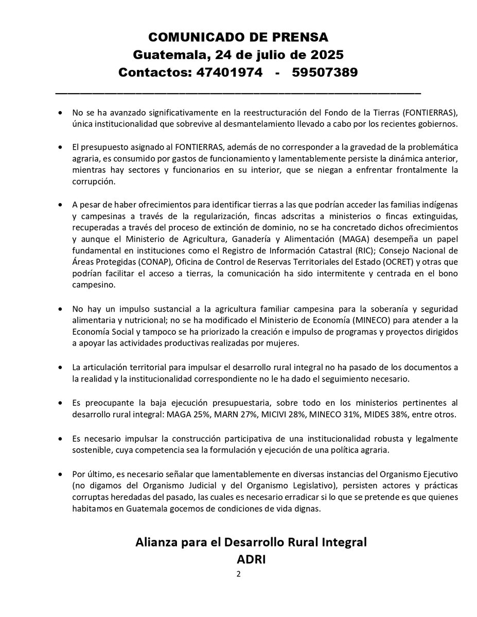 EObservadorGT's tweet image. Compartimos #Comunicado de la Alianza para el Desarrollo Rural Integral (ADRI) a un añoy medio de la suscripción del Acuerdo Agrario entre el presidente @BArevalodeLeon y organizaciones indígenas y campesinas.