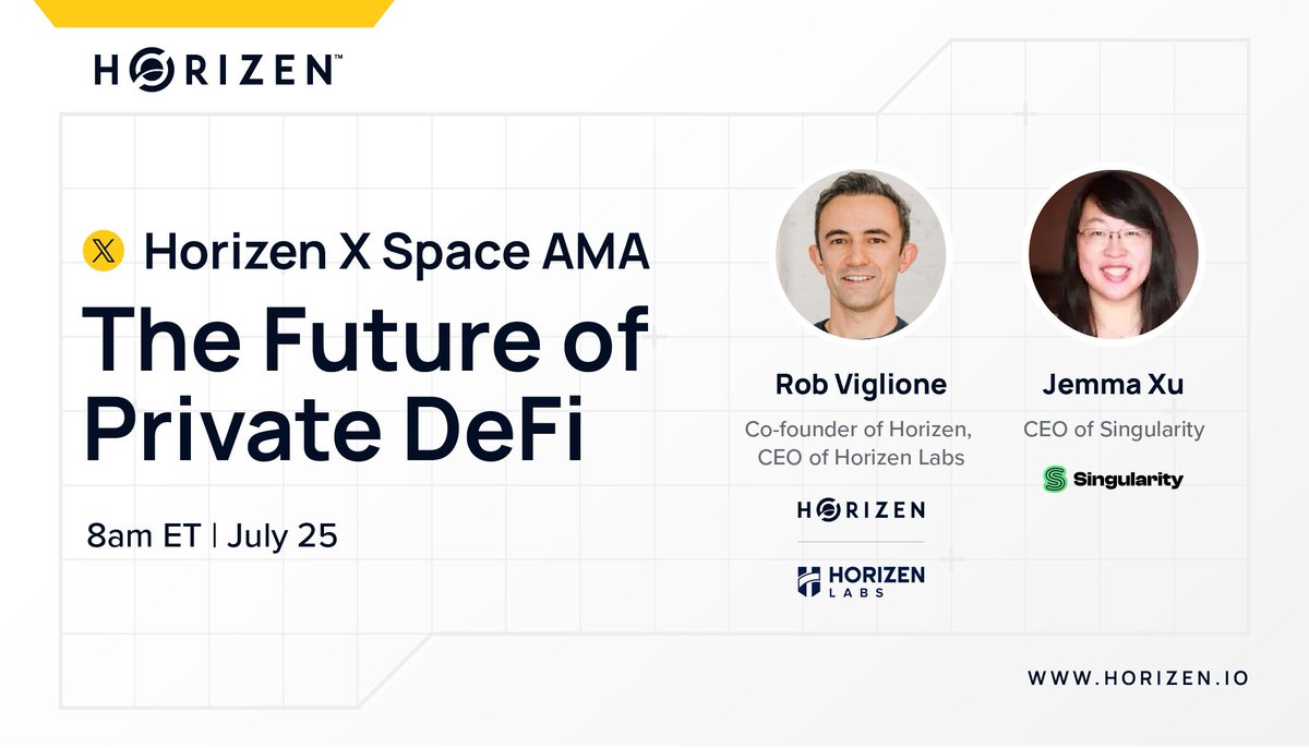 Horizen (@horizenglobal) on Twitter photo Web3 needs a better answer than โoopsโ every time privacy fails.
Join us for a critical convo on where private DeFi is going, and why the time to fix it is now.
Guest speakers:
๐ <a href="/robviglione/">Rob Viglione</a> Co-Founder of Horizen and @horizenlabs
๐ <a href="/jemma_xu/">Jemma Xu</a> CEO of <a href="/singularityzk/">Singularity</a>
๐Comment Web3 needs a better answer than โoopsโ every time privacy fails.
Join us for a critical convo on where private DeFi is going, and why the time to fix it is now.
Guest speakers:
๐ <a href="/robviglione/">Rob Viglione</a> Co-Founder of Horizen and @horizenlabs
๐ <a href="/jemma_xu/">Jemma Xu</a> CEO of <a href="/singularityzk/">Singularity</a>
๐Comment