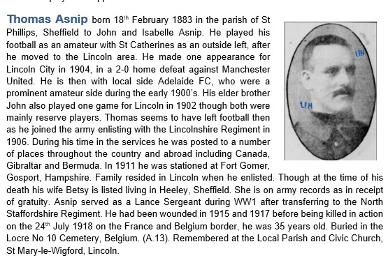 WW1BWFC's tweet image. Thomas Asnip
Lincolnshire and North Staffordshire Regiments
Killed 24th July 1918 France
Footballer Adelaide FC, Lincoln City