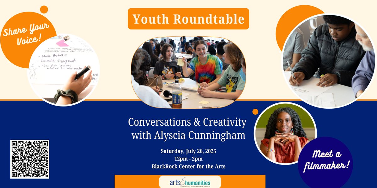 MarilynBalcombe's tweet image. Join Montgomery County Artist in Residence Alyscia Cunningham for a youth roundtable this weekend!
📅 Saturday, July 26, 2025
⏲️ 12PM-2PM
📍 BlackRock Center for the Arts