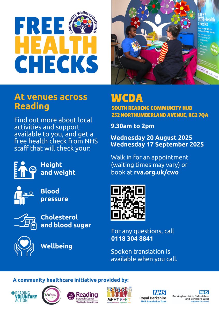 Whitley_CDA's tweet image. Free NHS Health Checks in Whitley
Get your height, weight, blood pressure, cholesterol, and wellbeing checked – no cost, no fuss.
📍 WCDA, South Reading Community Hub
📅 Wed 20 Aug & Wed 17 Sept 2025
🕤 9.30am–2pm
Walk in or book: rva.org.uk/cwo