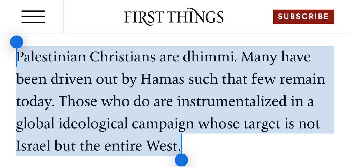 Khalil Sayegh (@khaliljeries) on Twitter photo According to a <a href="/firstthingsmag/">First Things</a> article, Palestinian Christians are described as “dhimmi who are instrumentalized” by Hamas —a sophisticated way of implying they are either part of Hamas or allow themselves to be used by them.
Truly shameful and dangerous article. According to a <a href="/firstthingsmag/">First Things</a> article, Palestinian Christians are described as “dhimmi who are instrumentalized” by Hamas —a sophisticated way of implying they are either part of Hamas or allow themselves to be used by them.
Truly shameful and dangerous article.