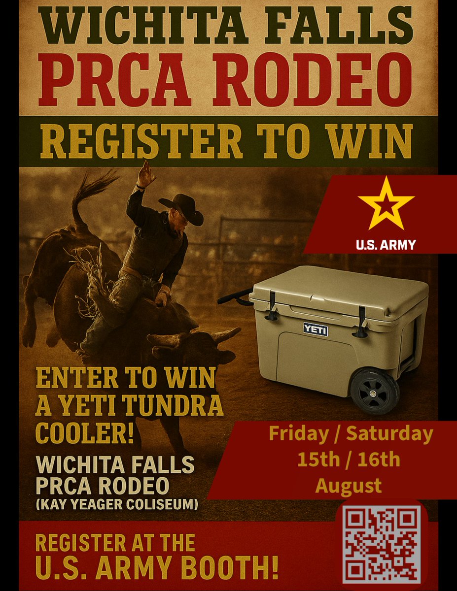 We’re hitting the Wichita Falls PRCA Rodeo Aug 15–16.
Come talk to real Soldiers about real opportunities—and while you’re there, register to win a Yeti Tundra Cooler. No catch. Just good conversation and a solid chance to win.
#OKCBN #ArmyStrong #YetiGiveaway #WichitaFallsRodeo