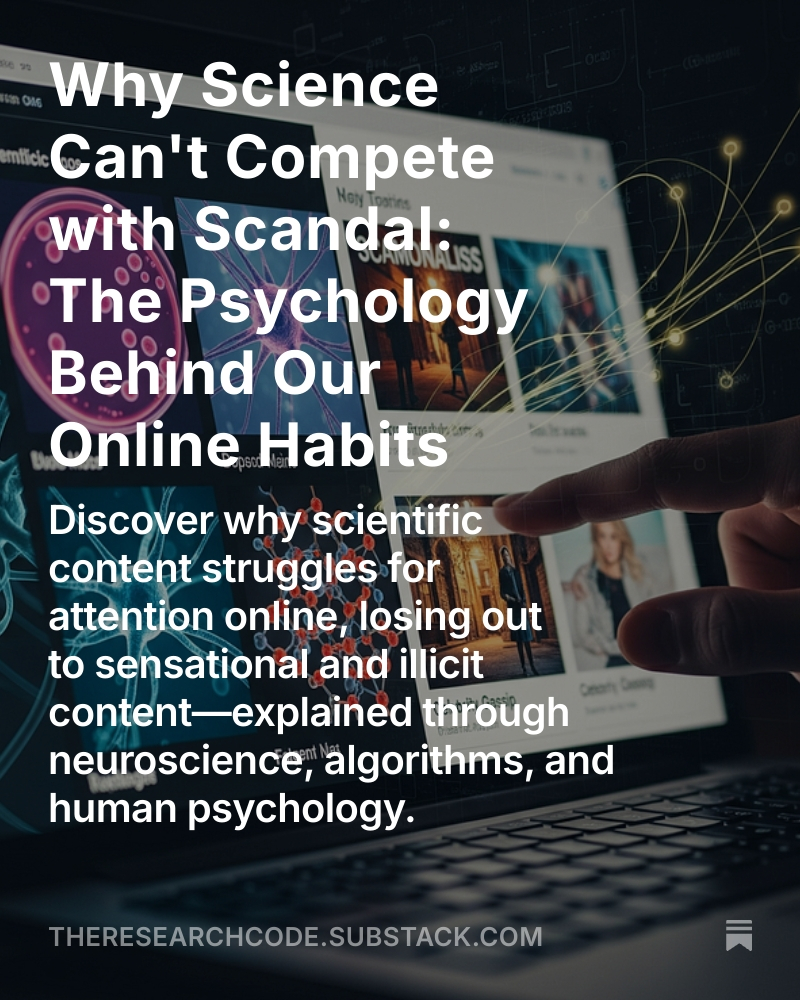TheResearchCode's tweet image. Why does scandalous & obscene content go viral while scientific research gets ignored?
Despite having unprecedented access to scientific knowledge, the internet is flooded with viral scandals, sensational gossip, and explicit content—while research news and educational material…