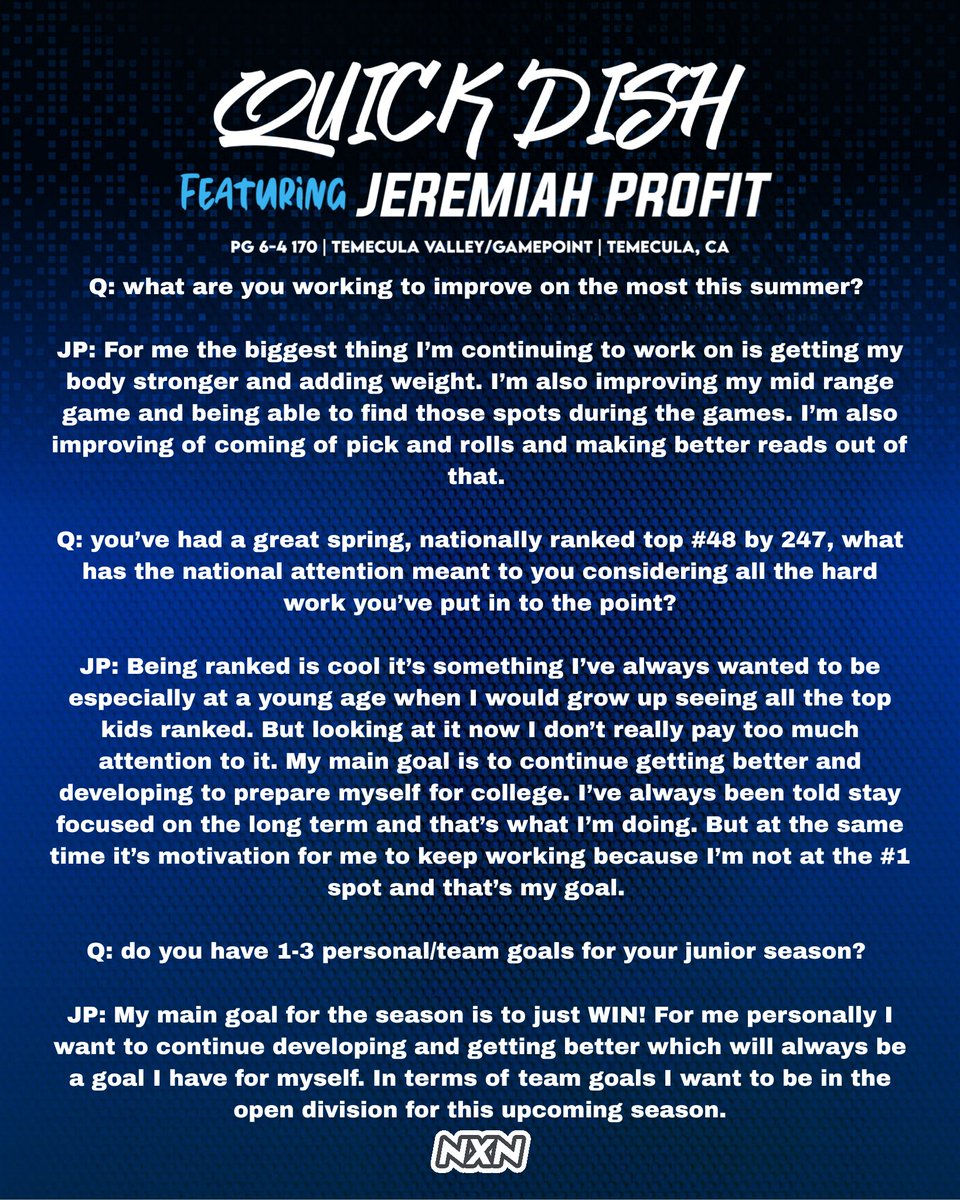NextNat1on's tweet image. RECRUIT INTERVIEW: Jeremiah Profit.
(Vol.029) @JeremiahProfit2
4⭐️ CG who’s ranked #22 in our 2027 Top 100 Rankings joined us for an interview! Starting to get more P4 interest!
Thank you for your time Jeremiah!
