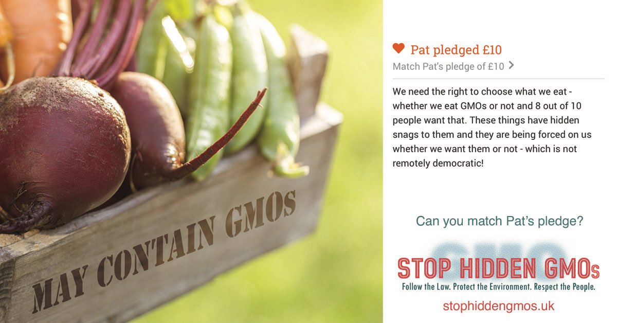 Beyond_GM's tweet image. Real people. Real voices. Pat’s right. GMOs do come with hidden snags. That’s why the government has taken away the obligation to test for environmental impacts and food safety. To keep them hidden! Donate today to our legal case to #StopHiddenGMOs crowdjustice.com/case/stop-hidd…