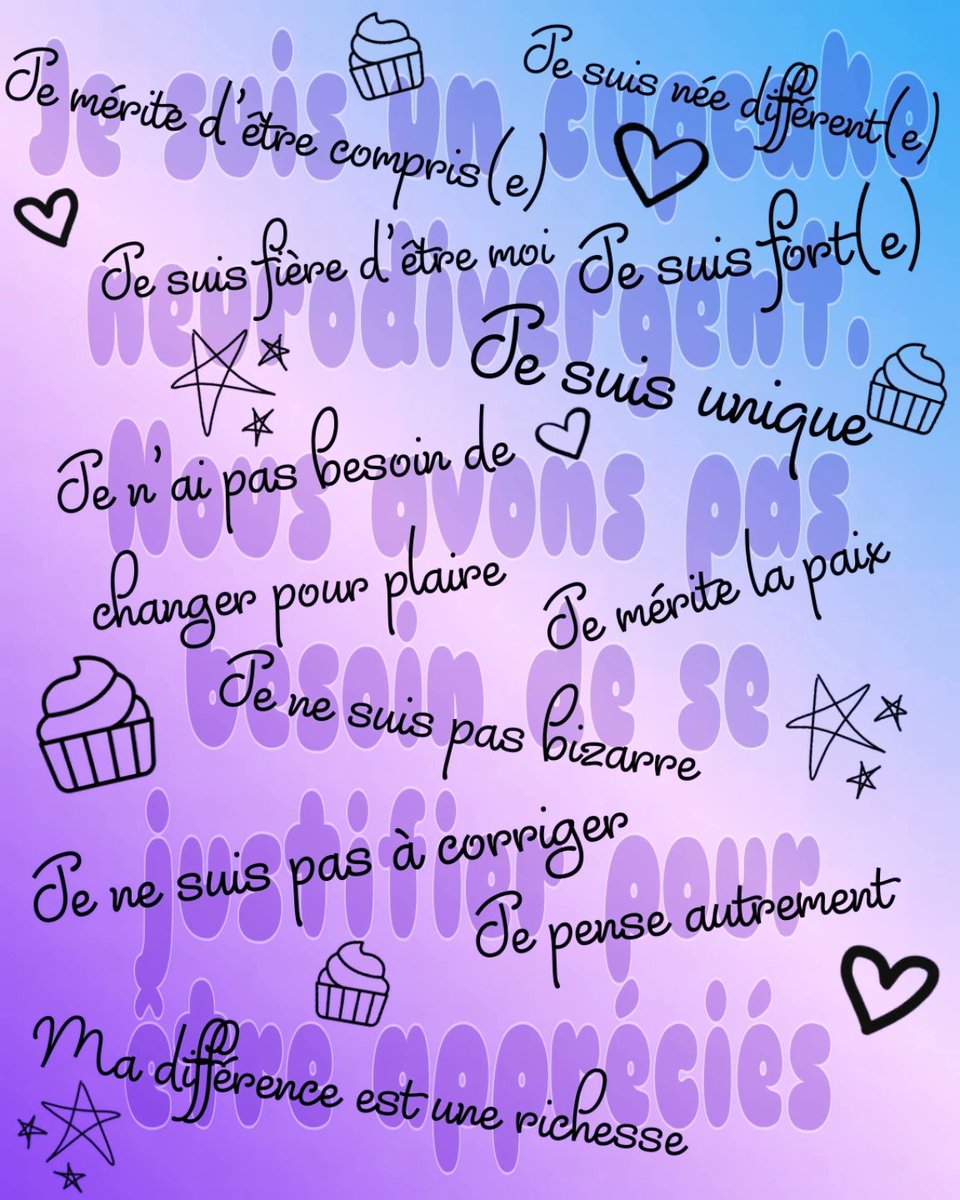 NiniCherryPop's tweet image. 🧁🌸 Je suis un cupcake neurodivergent. Nous n’avons pas besoin de se justifier pour être appréciés 🧁🌸

Montage fait par moi-même ~ ❤️🧁
J’espère que ça touchera le cœur de plusieurs ici, et redonnera confiance à certains qui en ont besoin 🫶🏻 Merci à tous ceux qui prendront le…