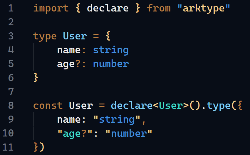 arktypeio's tweet image. Need runtime validation for your existing types?

ArkType&apos;s `declare` API gives you just that.