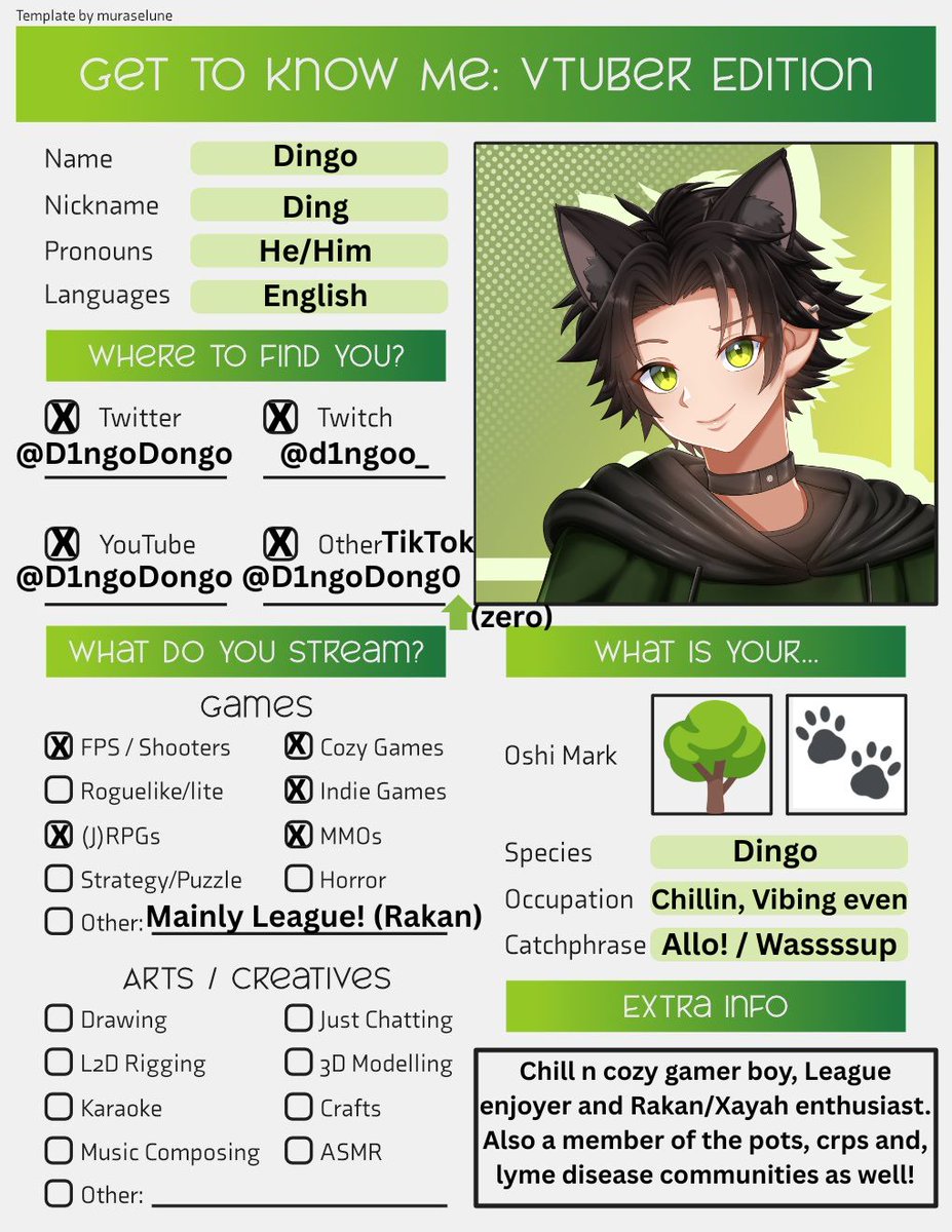 DingoVT's tweet image. Allo n Wassup! I'm Ding! A comfy cozy Dingo Vtuber!! I love to play League of Legends (Rakan), as well as Valorant, Peak, Lost Ark, Dead by Daylight, and so many more! Plus, I am also a member of the POTS, CRPS, and LYME disease communities! I'd love to chat and or hang sometime!