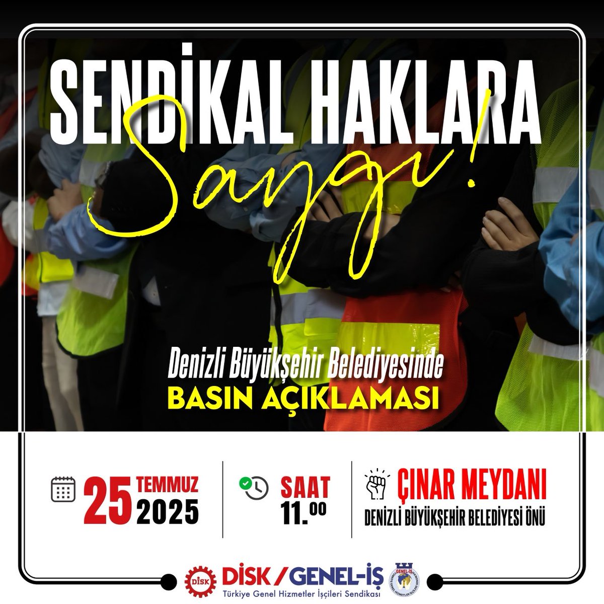 Denizli Büyükşehir Belediyesi’nde 
Sarı sendika Belediye-İş, işverenle iş birliği yaparak, DİSK/Genel-İş Sendikamıza üye olan emekçilere baskı uygulamakta, anayasal bir hak olan sendika seçme özgürlüğünü fiilen ortadan kaldırmaktadır.
Birlikte güçlüyüz,Birleşe birleşe kazanacağız