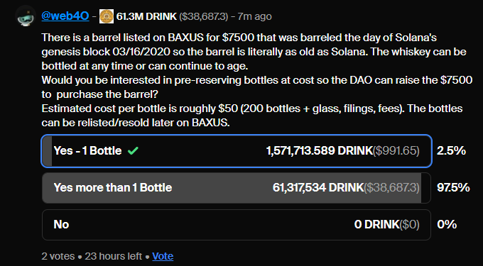 royalarp's tweet image. if you're a holder of $DRINK, check your @daosdotfun notifications. new poll up on the DAO page 👀