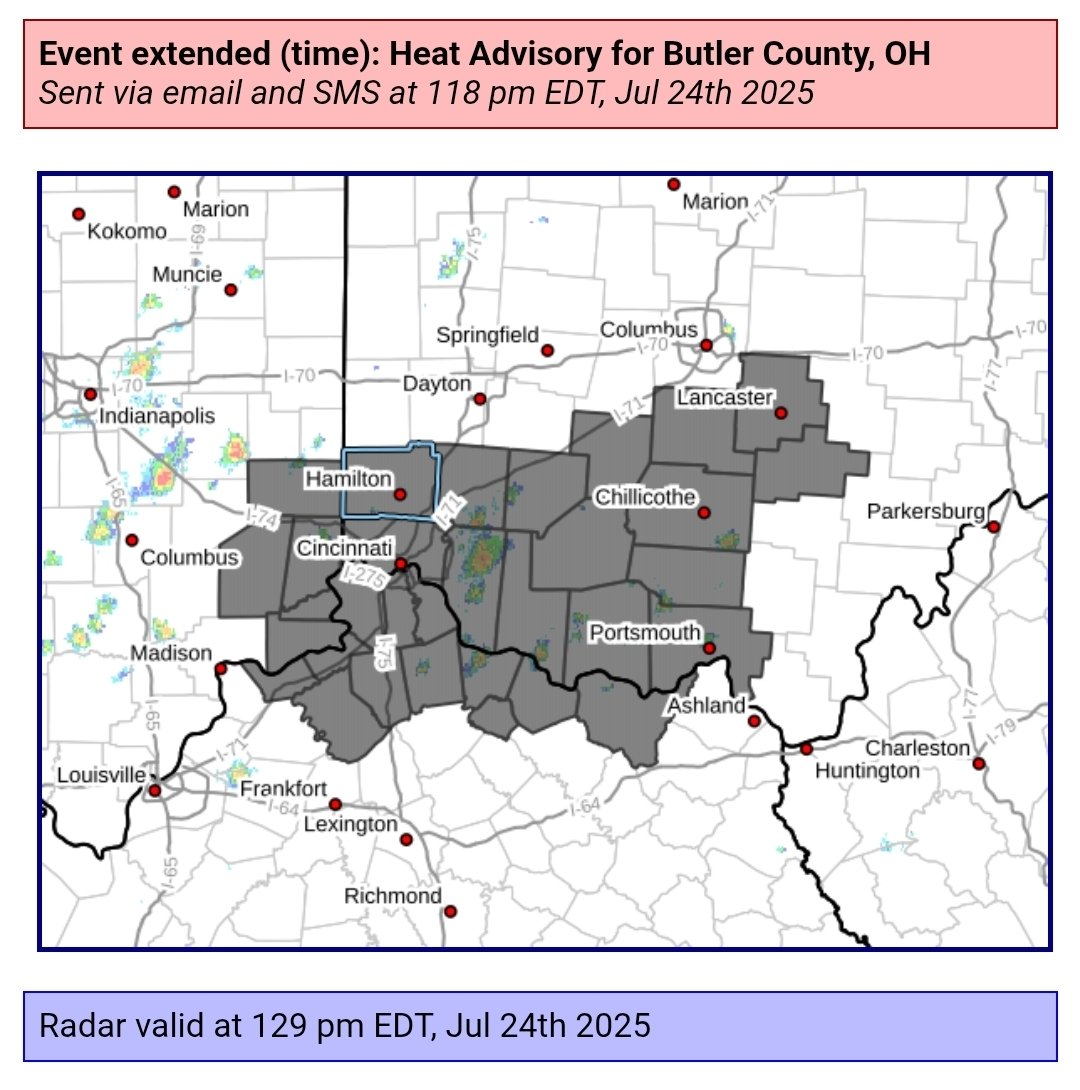 butlersheriff's tweet image. ...HEAT ADVISORY NOW IN EFFECT UNTIL 8 PM EDT FRIDAY...
* WHAT...Heat index values up to 103.
* WHERE...Portions of southeast Indiana, northeast and northern Kentucky, and central, south central, and southwest Ohio.
* WHEN...Until 8 PM EDT Friday.
* IMPACTS...Hot temperatures…